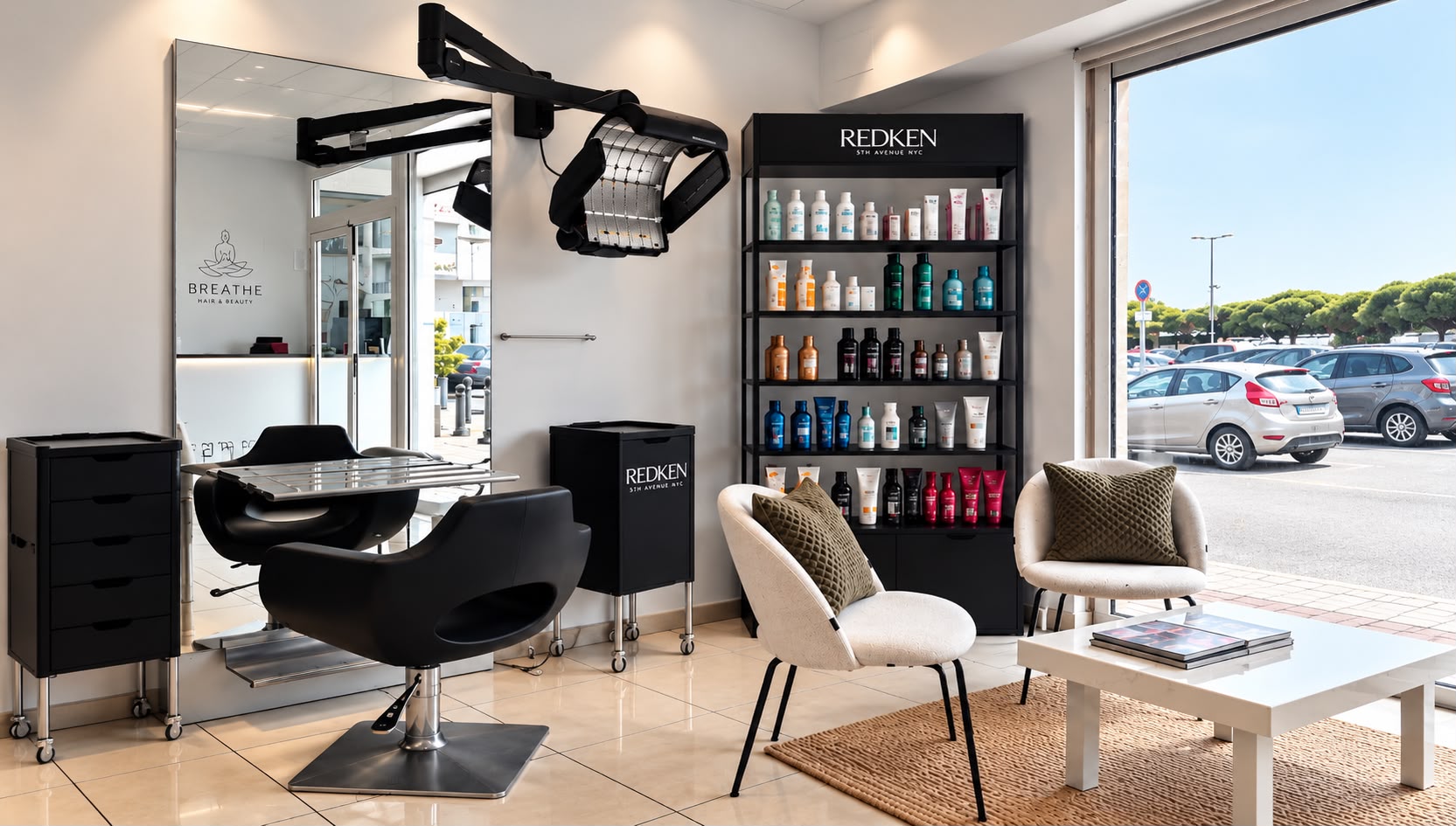 Breathe Hair & Beauty salon waiting area redken
